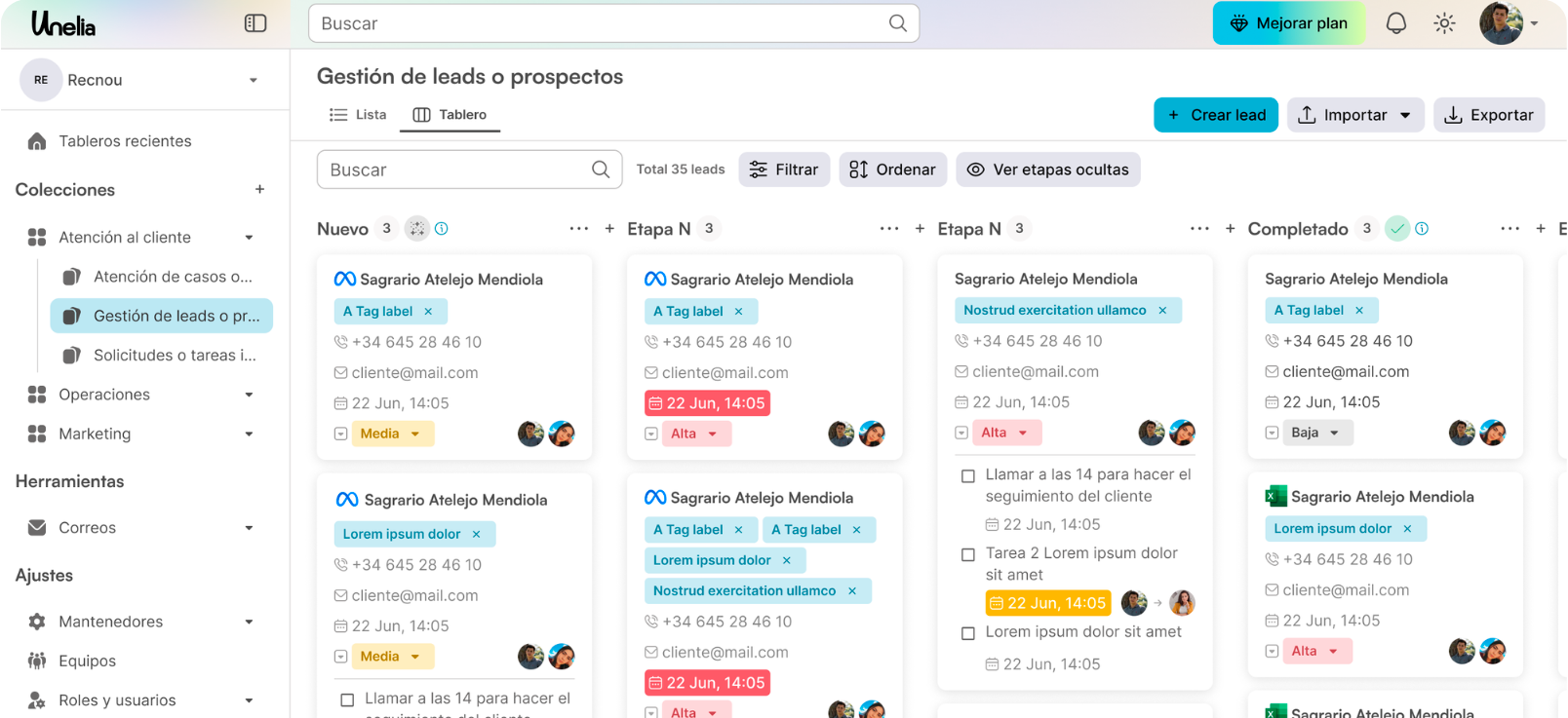 Vista del CRM Unelia